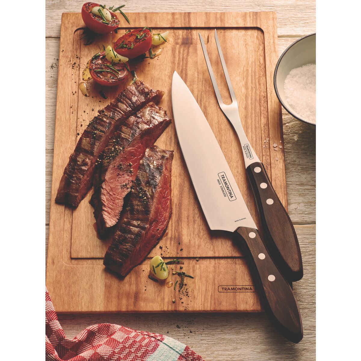 TRAMONTINA - Juego de Utensilios Churrasco, para Carne, en Acero Inoxidable y Mangos de Madera Polywood en Color Castaño, Utensilios con Remaches, 2 Piezas - Imagen 2