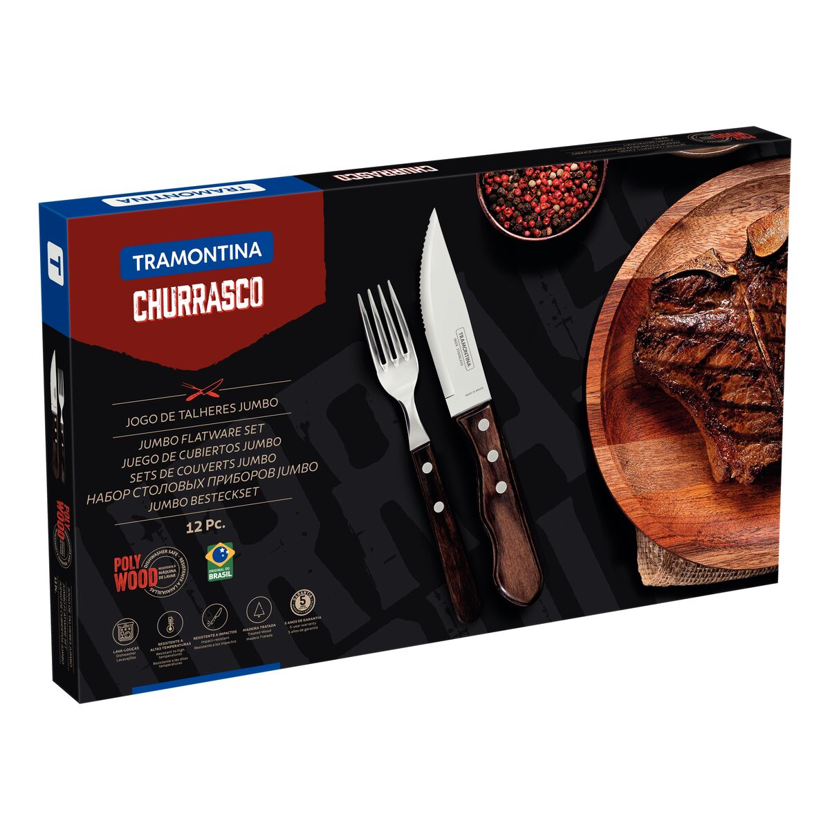 TRAMONTINA - Juego de Cubiertos Churrasco Jumbo, para Asado, Acero Inoxidable y Madera Polywood Castaño, 12 Piezas - Imagen 9