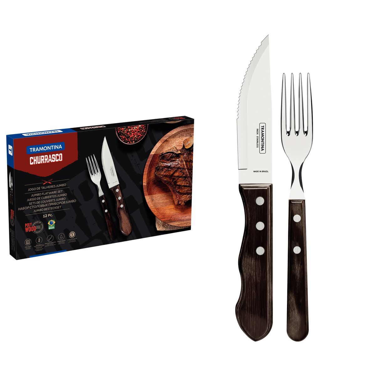 TRAMONTINA - Juego de Cubiertos Churrasco Jumbo, para Asado, Acero Inoxidable y Madera Polywood Castaño, 12 Piezas