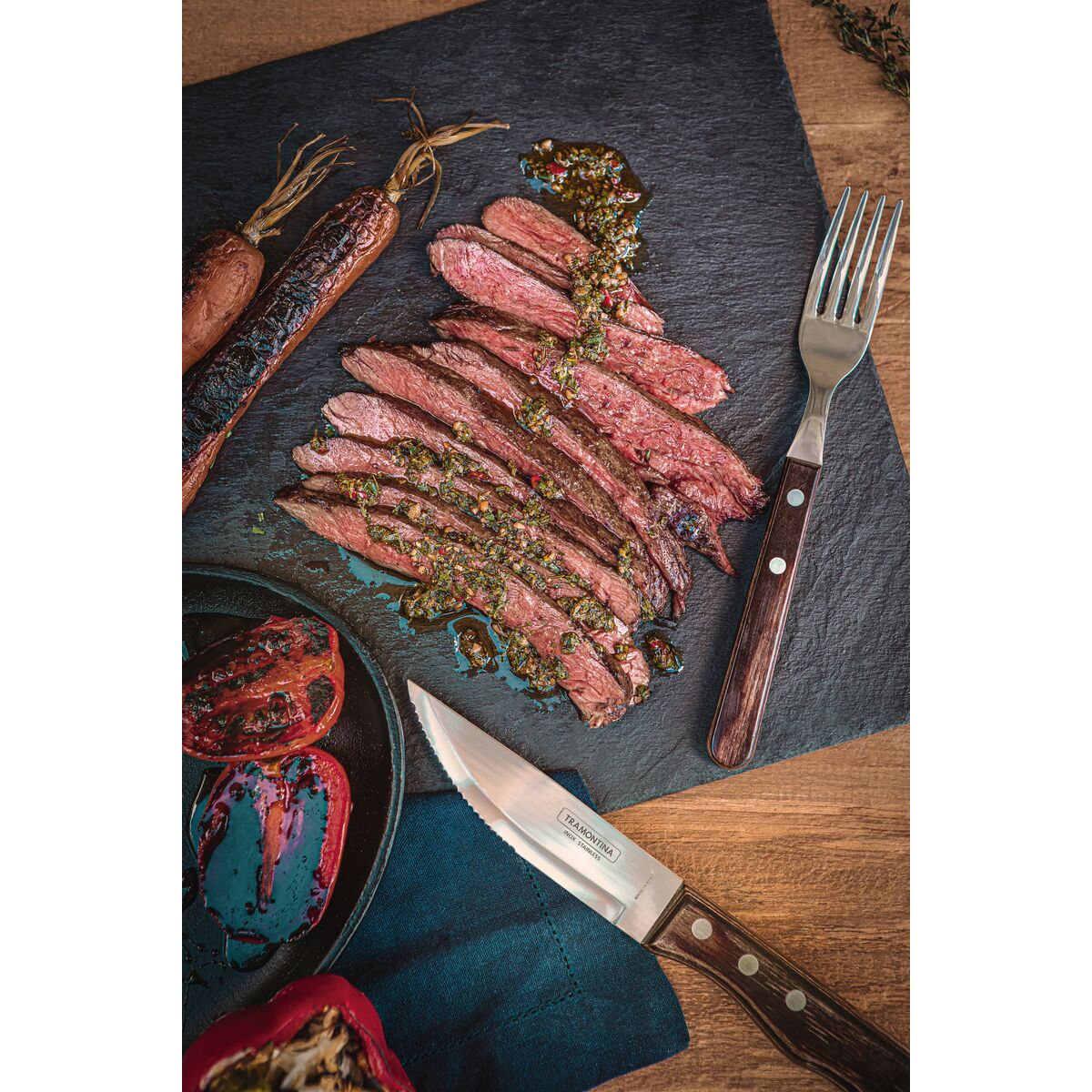 TRAMONTINA - Juego de Cubiertos Churrasco Jumbo, para Asado, Acero Inoxidable y Madera Polywood Castaño, 12 Piezas - Imagen 7