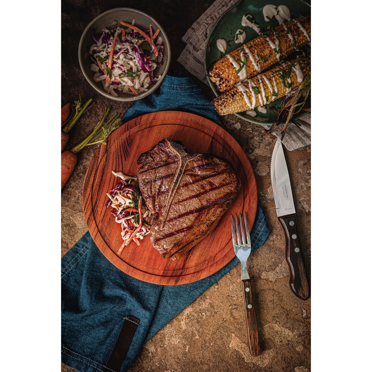 TRAMONTINA - Juego de Cubiertos Churrasco Jumbo, para Asado, Acero Inoxidable y Madera Polywood Castaño, 12 Piezas - Imagen 8