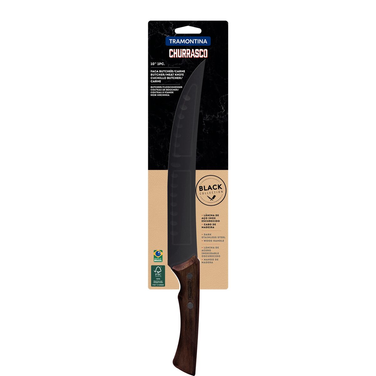 TRAMONTINA - Cuchillo para Carne Churrasco Black, en Acero Inoxidable Oscurecido, de Carnicero para Cortes Grandes, Mango de Madera, Hoja de 10", con Remaches, Color Negro, Tamaño de 38.5 cm - Imagen 4