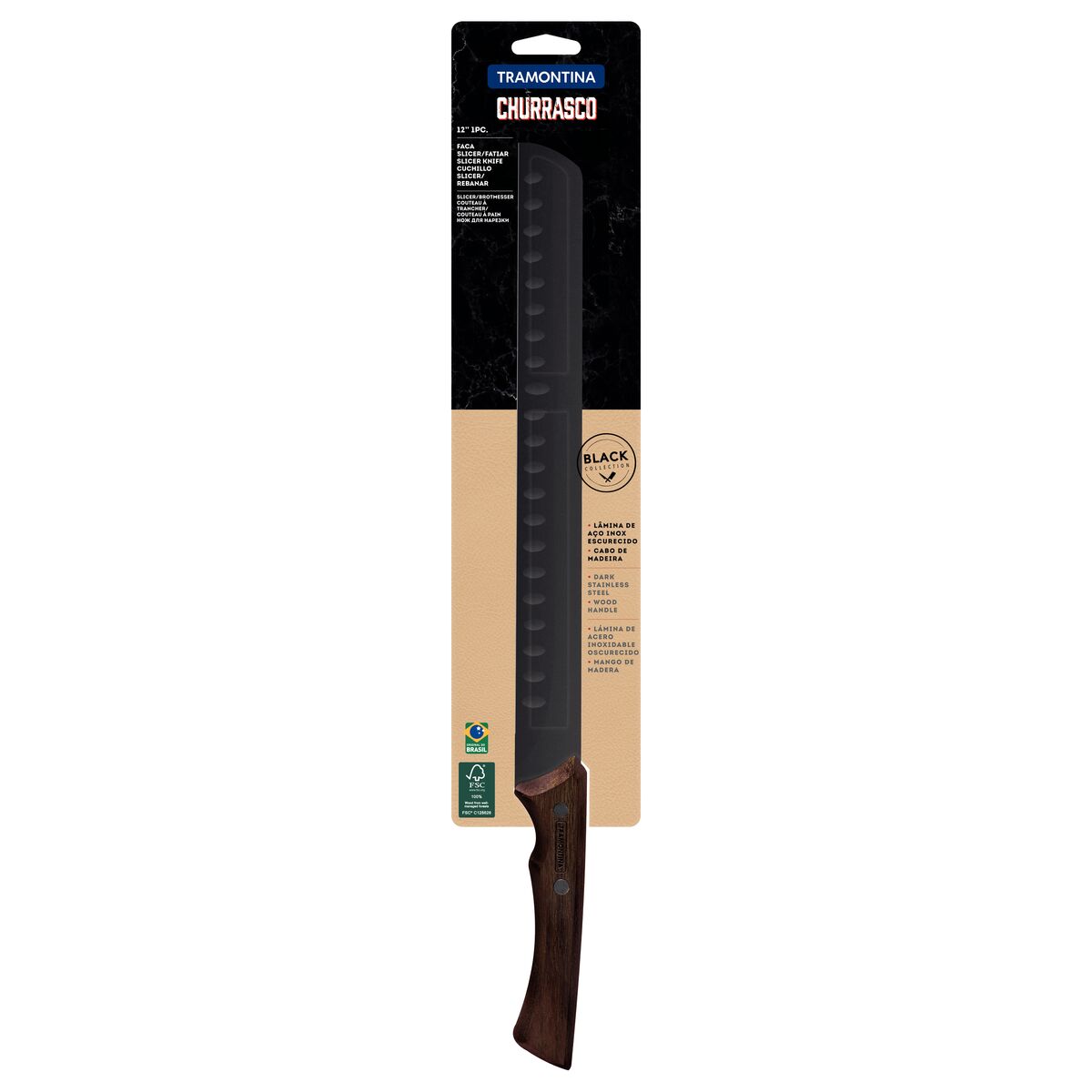 TRAMONTINA - Cuchillo Slicer Churrasco Black, en Acero Inoxidable Oscurecido, para Cortes Grandes, Mango de Madera, Hoja de 12", con Remaches, Color Negro, Tamaño de 43.5 cm - Imagen 5