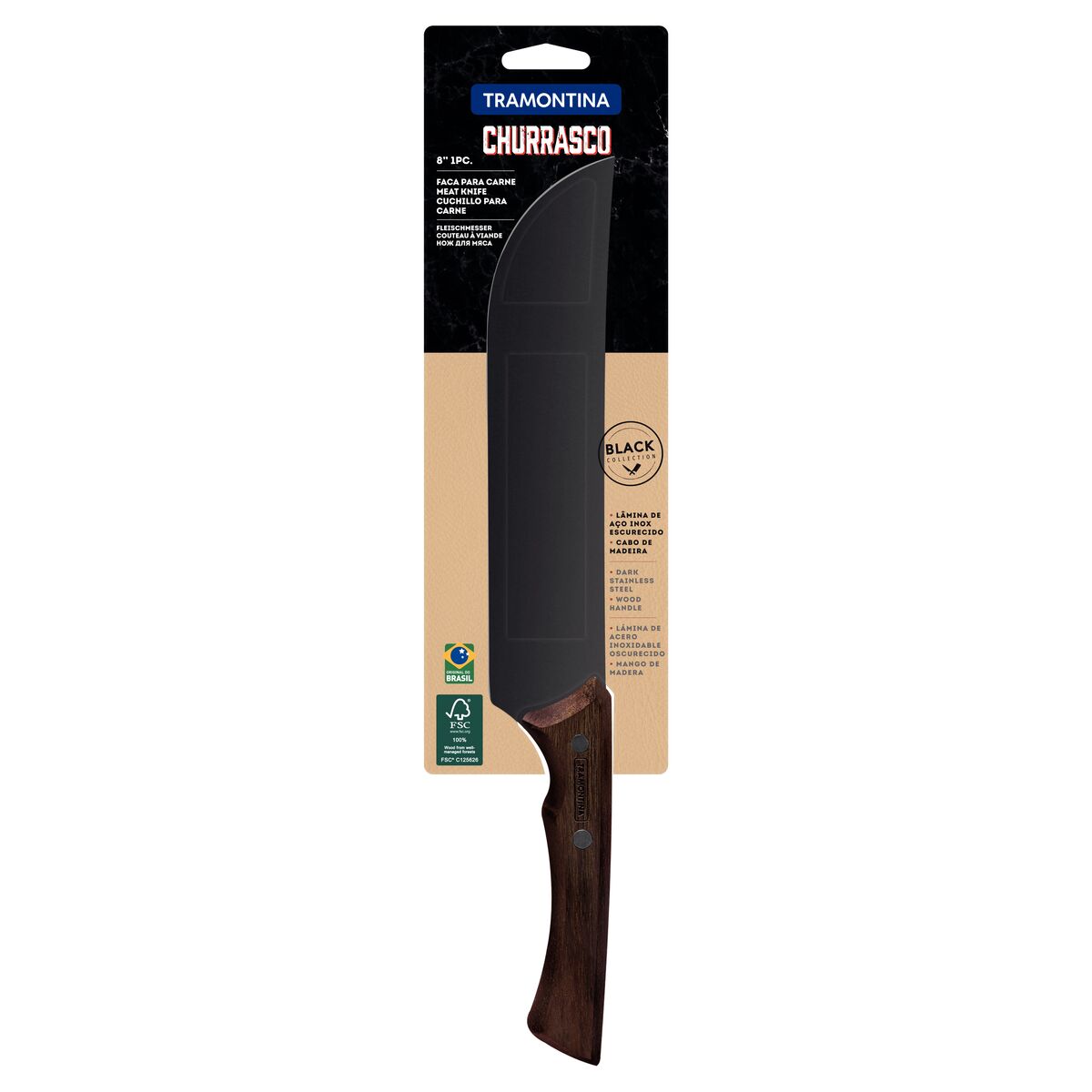 TRAMONTINA - Cuchillo para Carne Churrasco Black, en Acero Inoxidable Oscurecido, con Punta Curva, Mango de Madera, Hoja de 8", con Remaches, Color Negro, Tamaño de 34 cm - Imagen 4