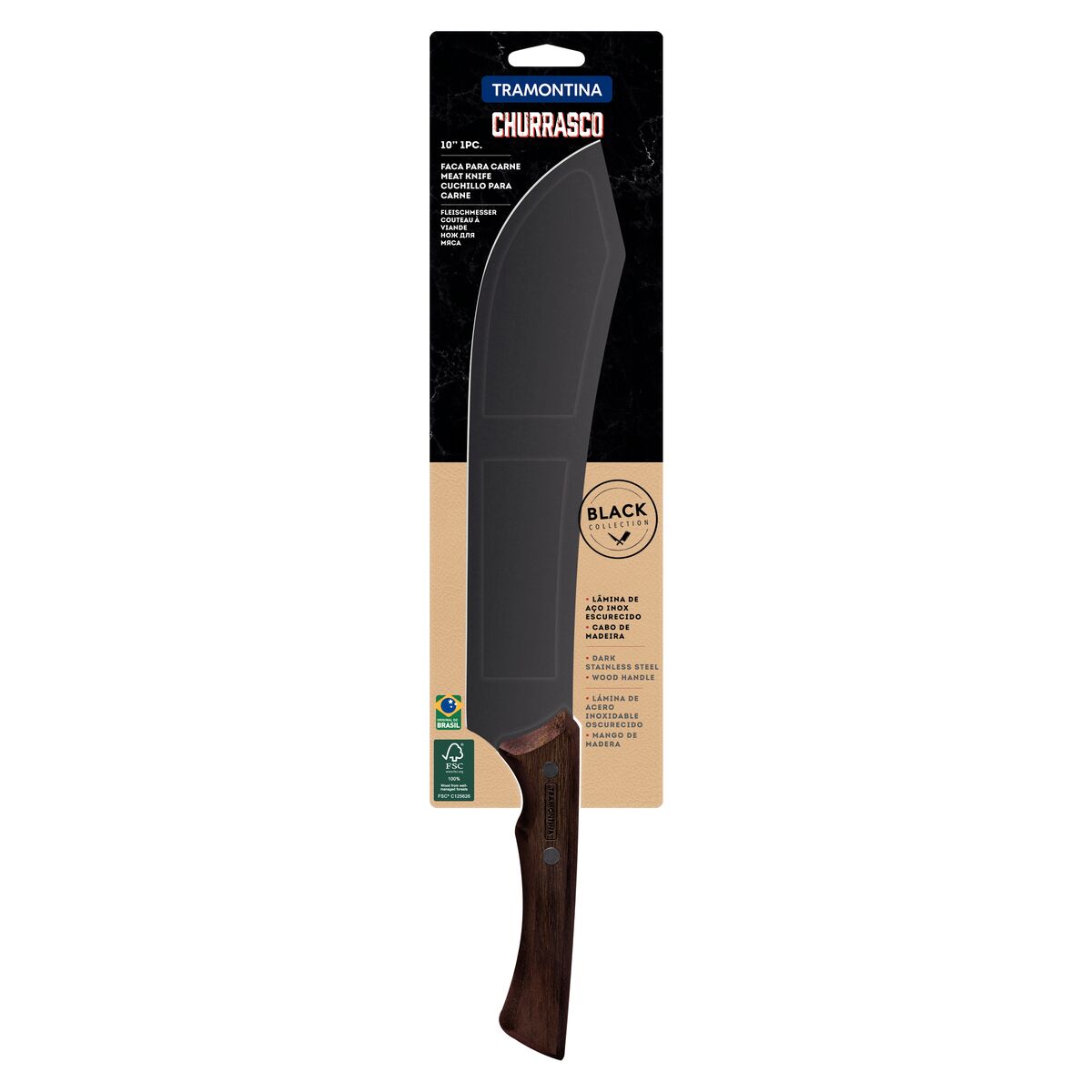 TRAMONTINA - Cuchillo para Carne Churrasco Black, en Acero Inoxidable Oscurecido, con Punta Curva, Mango de Madera, Hoja de 10", con Remaches, Color Negro, Tamaño de 38.6 cm - Imagen 4