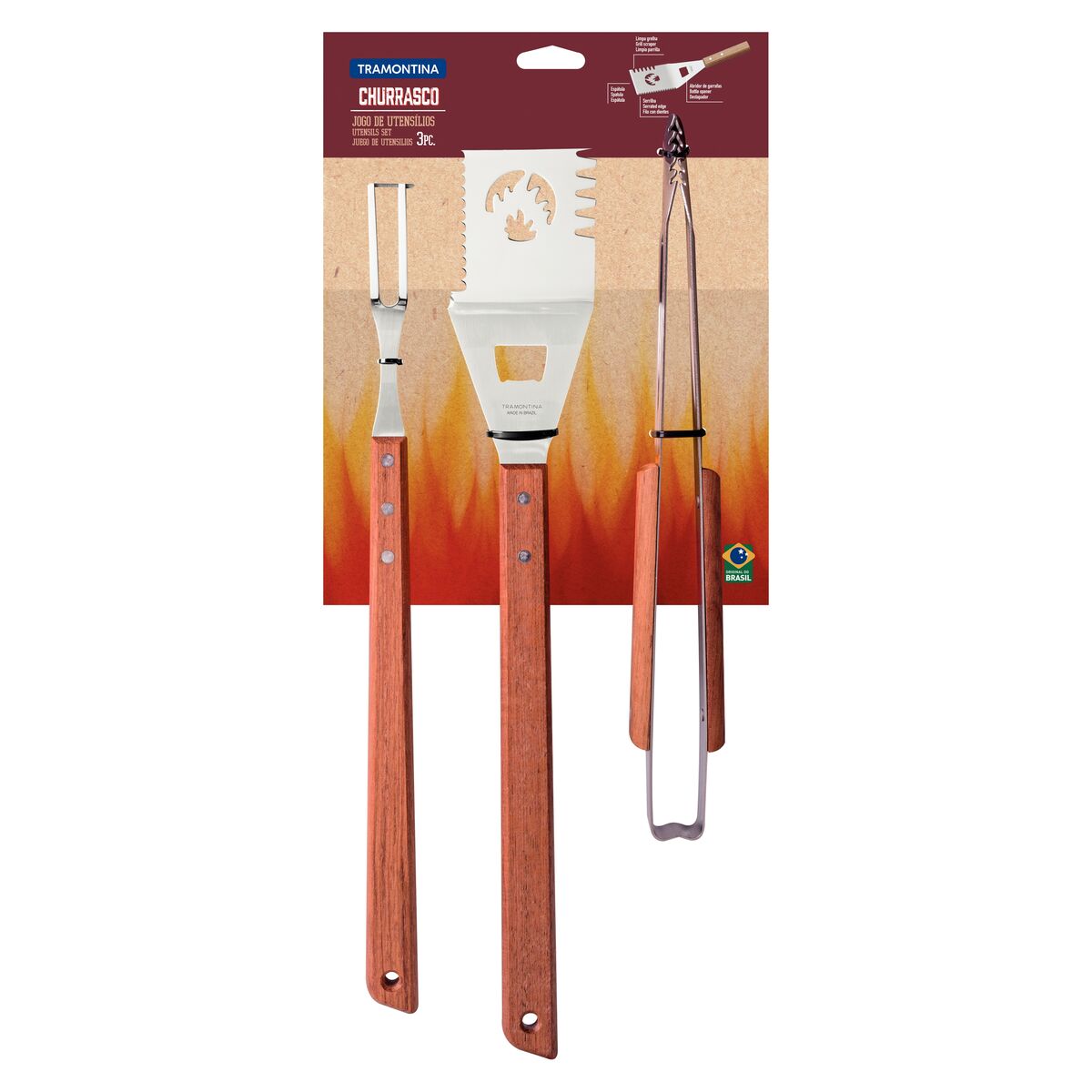 TRAMONTINA - Juego de Utensilios Churrasco, para Carne, en Acero Inoxidable y Mangos de Madera, Utensilios con Remaches, 3 Piezas - Imagen 4