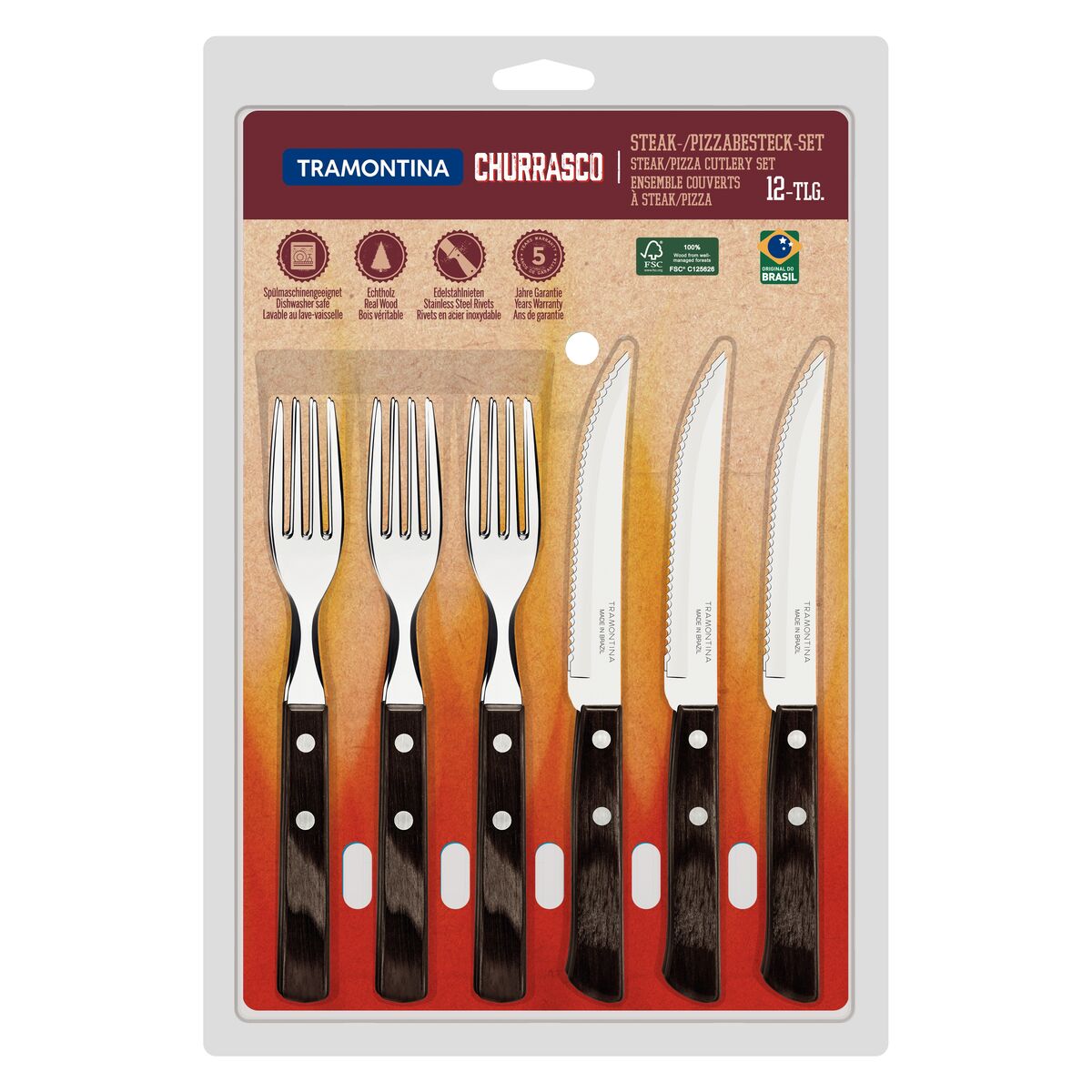 TRAMONTINA - Juego de Cubiertos Churrasco, para Carne, en Acero Inoxidable y Mangos de Madera Polywood en Color Castaño, Utensilios con Remaches, 12 Piezas - Imagen 5