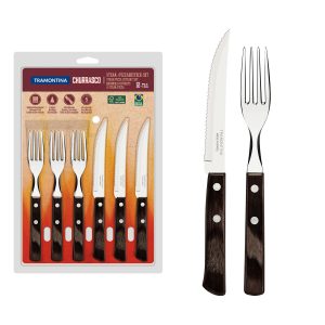 TRAMONTINA - Juego de Cubiertos Churrasco, para Carne, en Acero Inoxidable y Mangos de Madera Polywood en Color Castaño, Utensilios con Remaches, 12 Piezas
