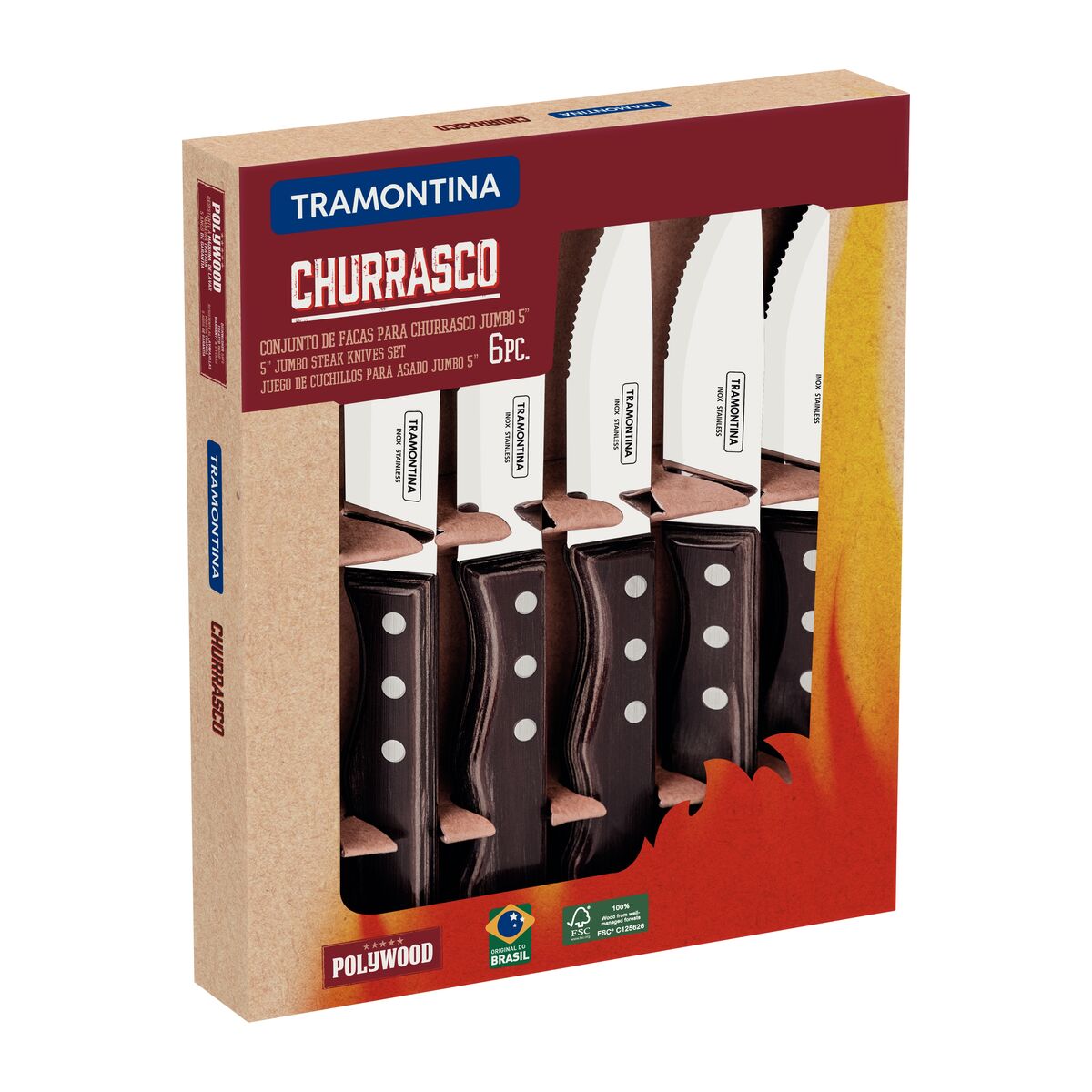 TRAMONTINA - Juego de cuchillos jumbo para asado 6pzas. FSC - Polywood castaño - Imagen 13
