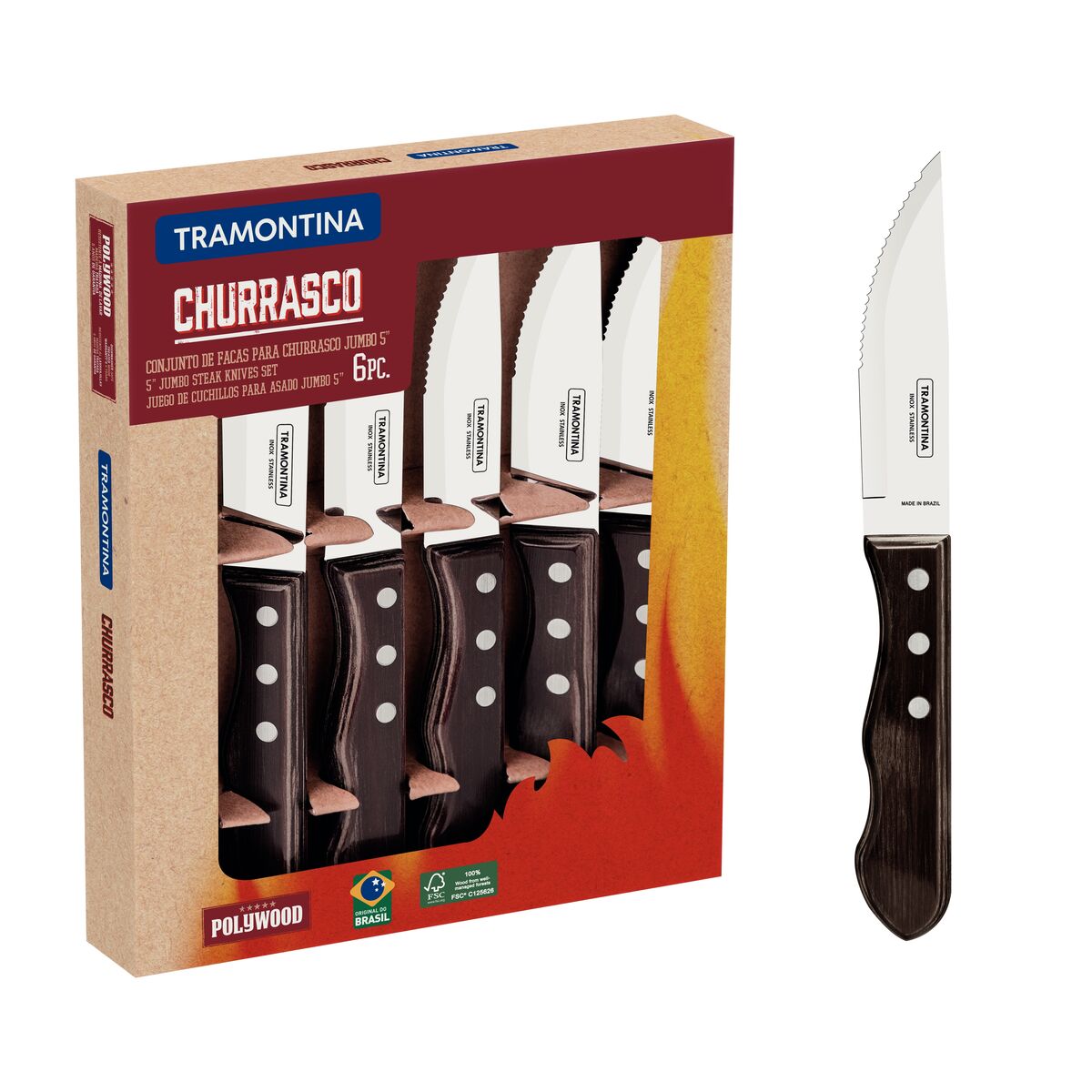 TRAMONTINA - Juego de cuchillos jumbo para asado 6pzas. FSC - Polywood castaño
