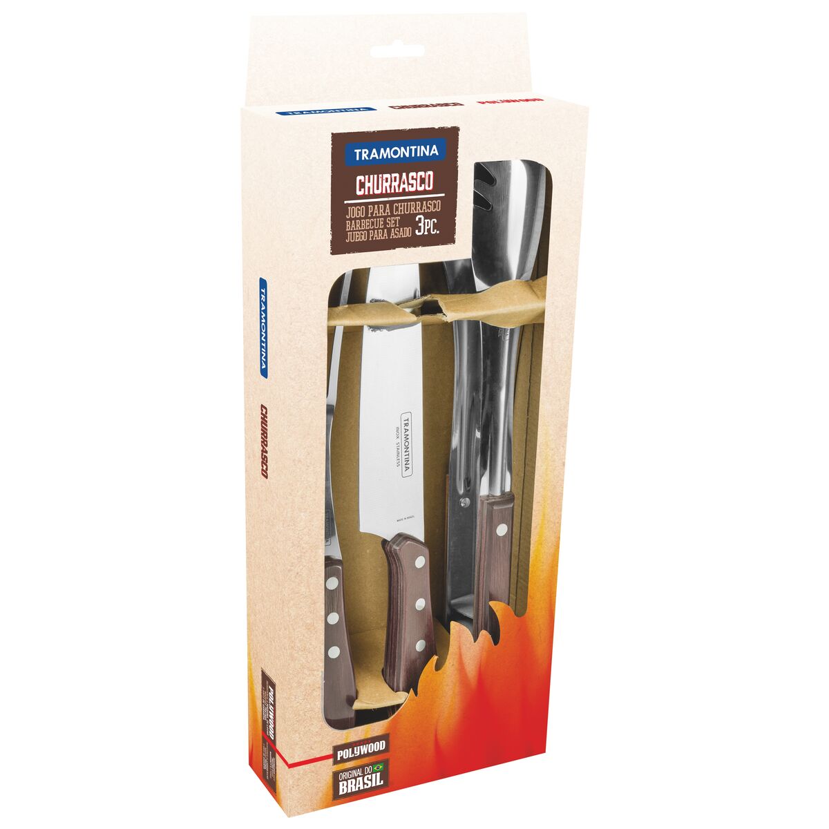 TRAMONTINA - Juego de Utensilios Churrasco, para Carne, en Acero Inoxidable y Mangos de Madera Polywood en Color Castaño, Utensilios con Remaches, 3 Piezas - Imagen 2