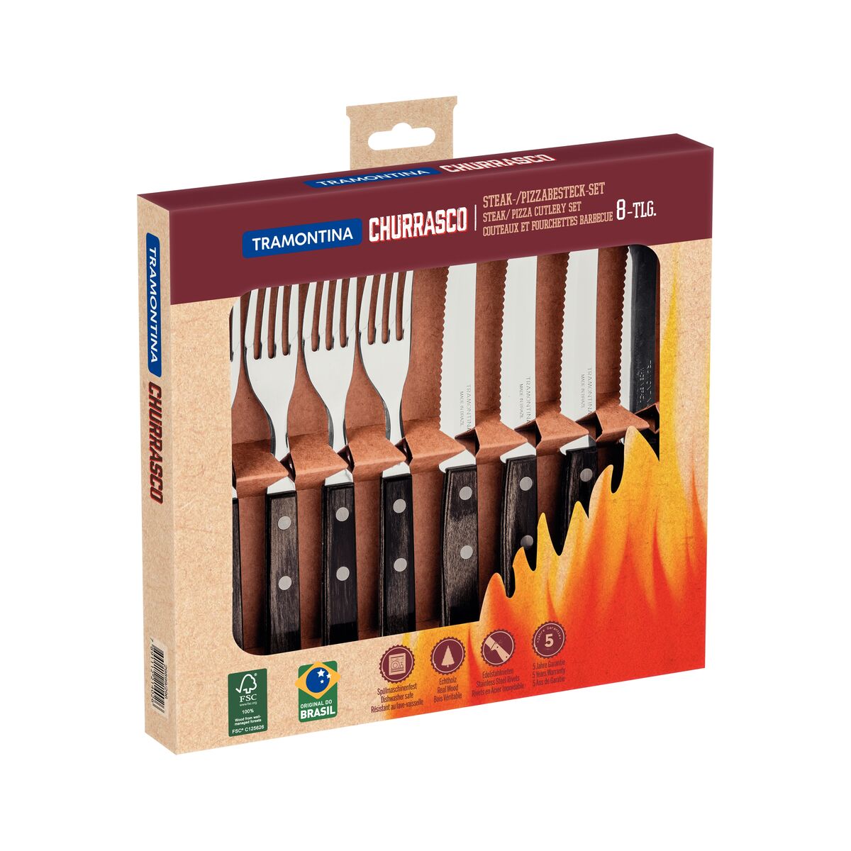 TRAMONTINA - Juego de Cubiertos Churrasco, para Carne, en Acero Inoxidable y Mangos de Madera Polywood en Color Castaño, Utensilios con Remaches, 8 Piezas - Imagen 8