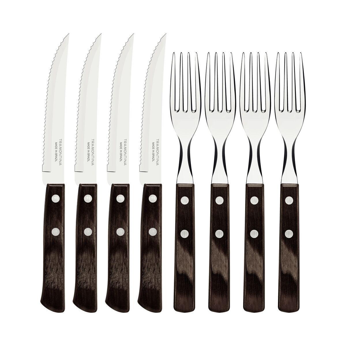 TRAMONTINA - Juego de Cubiertos Churrasco, para Carne, en Acero Inoxidable y Mangos de Madera Polywood en Color Castaño, Utensilios con Remaches, 8 Piezas - Imagen 2