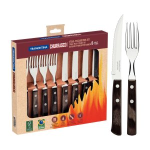 TRAMONTINA - Juego de Cubiertos Churrasco, para Carne, en Acero Inoxidable y Mangos de Madera Polywood en Color Castaño, Utensilios con Remaches, 8 Piezas