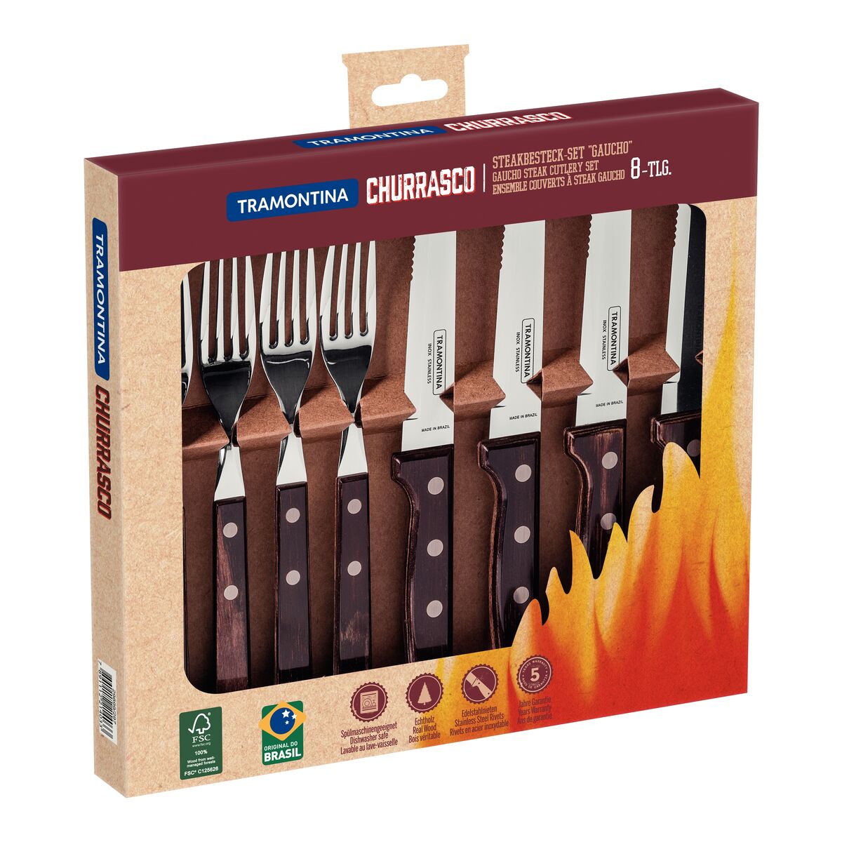 TRAMONTINA - Juego de Cubiertos Churrasco, para Carne, en Acero Inoxidable y Mangos de Madera Polywood en Color Castaño, Utensilios con Remaches, 8 Piezas - Imagen 10