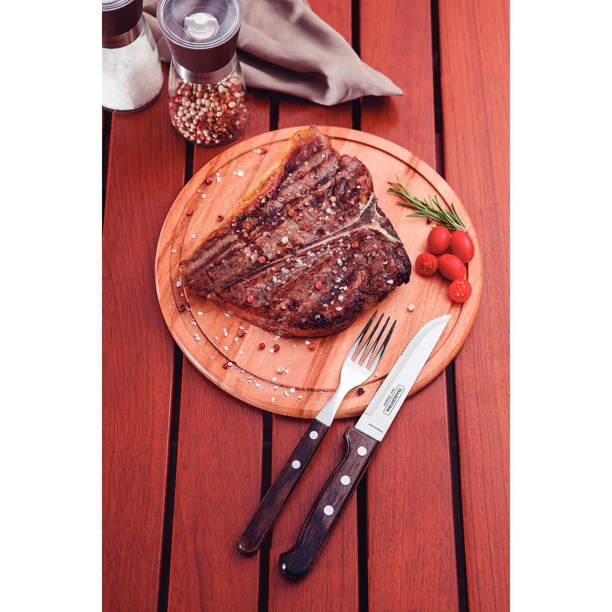 TRAMONTINA - Juego de Cubiertos Churrasco, para Carne, en Acero Inoxidable y Mangos de Madera Polywood en Color Castaño, Utensilios con Remaches, 8 Piezas - Imagen 7