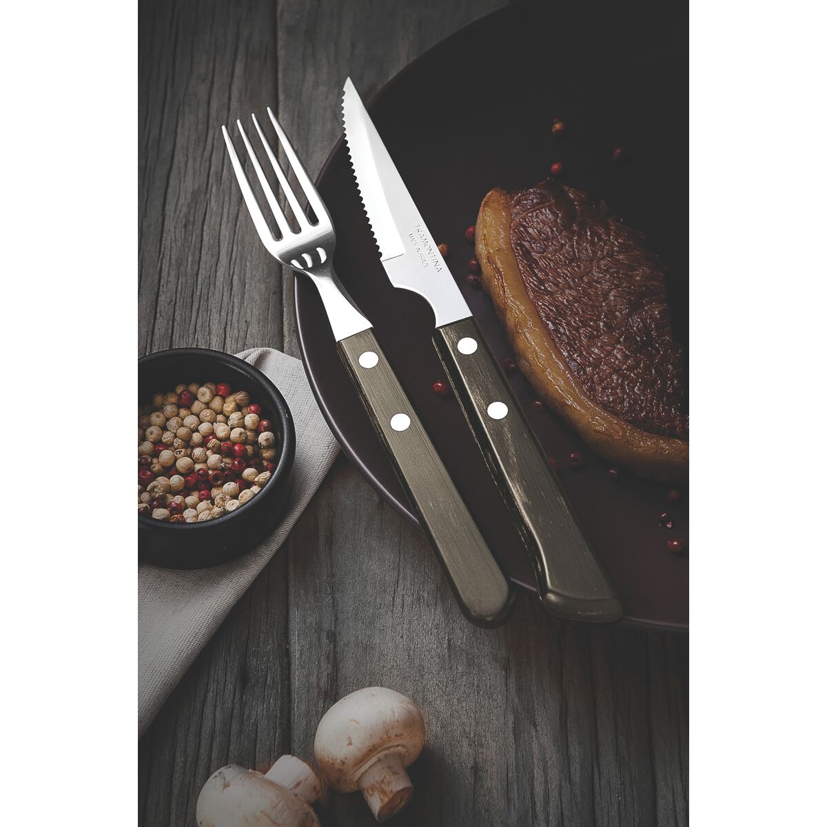 TRAMONTINA - Juego de Cubiertos Churrasco, para Asado y Pizza, en Acero Inoxidable y Mangos de Madera Polywood Castaño en Estuche de Madera, 8 Piezas - Imagen 4