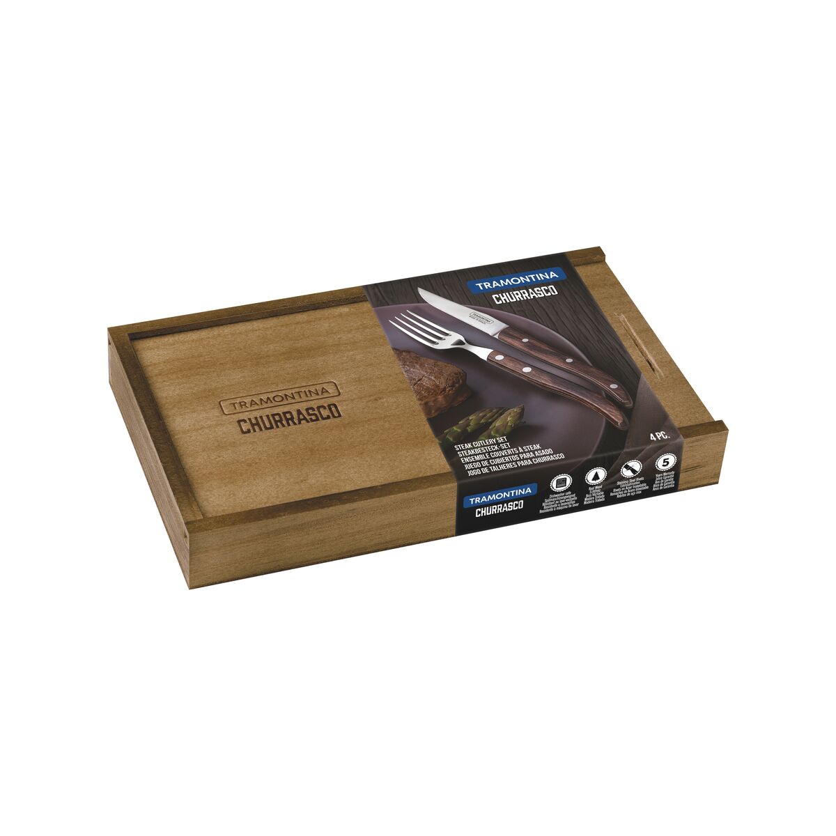 TRAMONTINA - Juego de Cubiertos Churrasco, para Carne, en Acero Inoxidable y Mangos de Madera Polywood Color Castaño en Estuche de Madera, 4 Piezas - Imagen 6