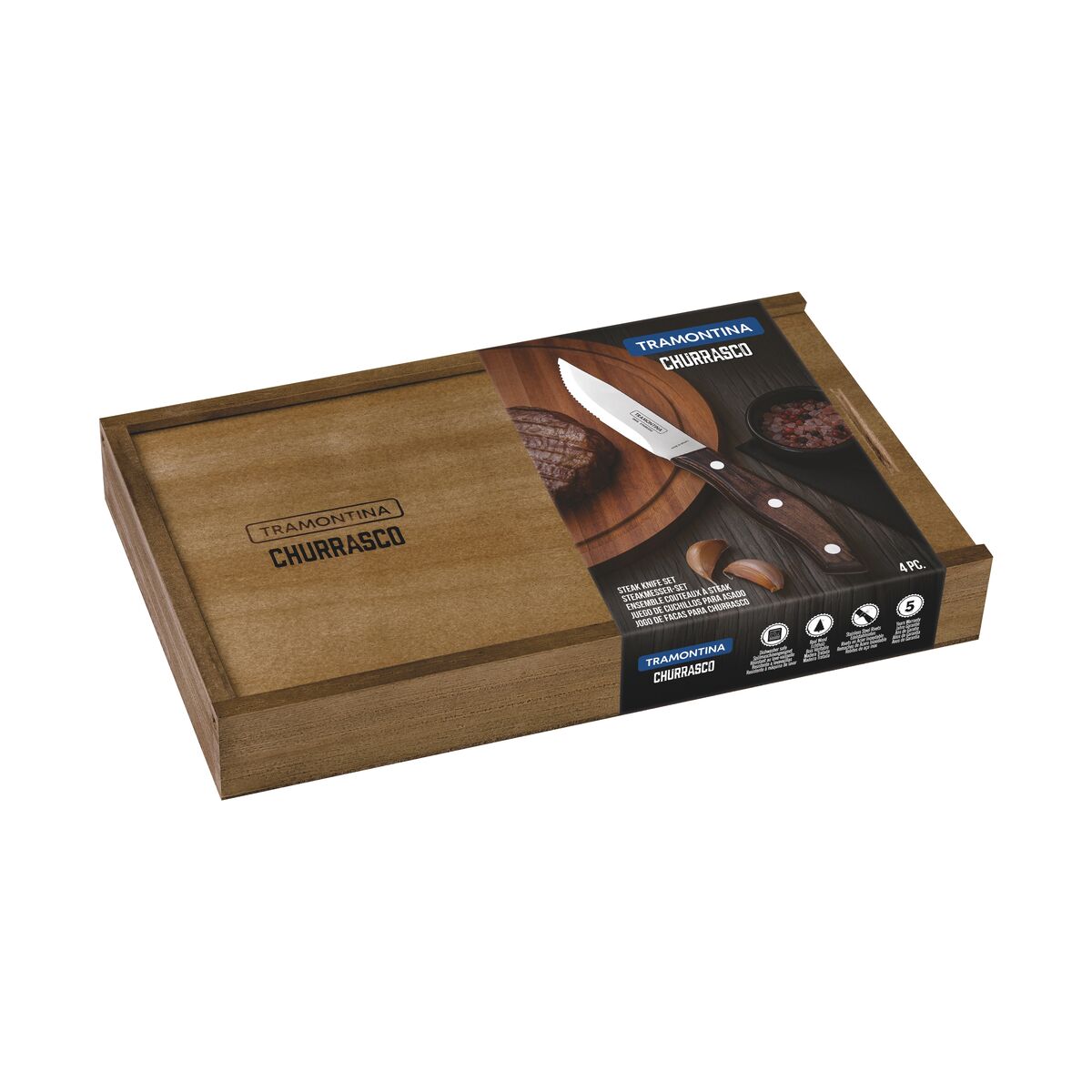 TRAMONTINA - Juego de Cuchillos Churrasco, para Carne, en Acero Inoxidable y Mangos de Madera Polywood Color Castaño en Estuche de Madera, 4 Piezas - Imagen 5