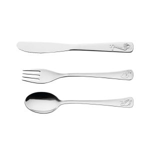 TRAMONTINA - Juego de cubiertos para niños Baby Friends de acero inoxidable terminación brillante con dibujo en alto relieve 3 piezas